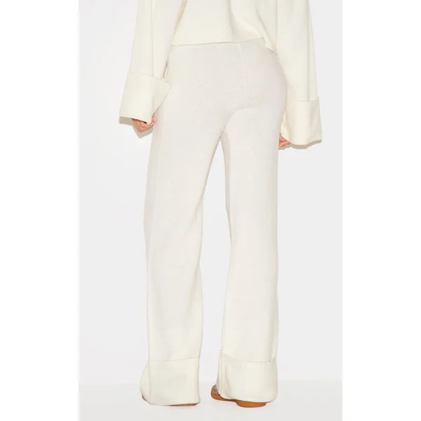 Crème Pantalon En Maille À Ourlet Retroussé