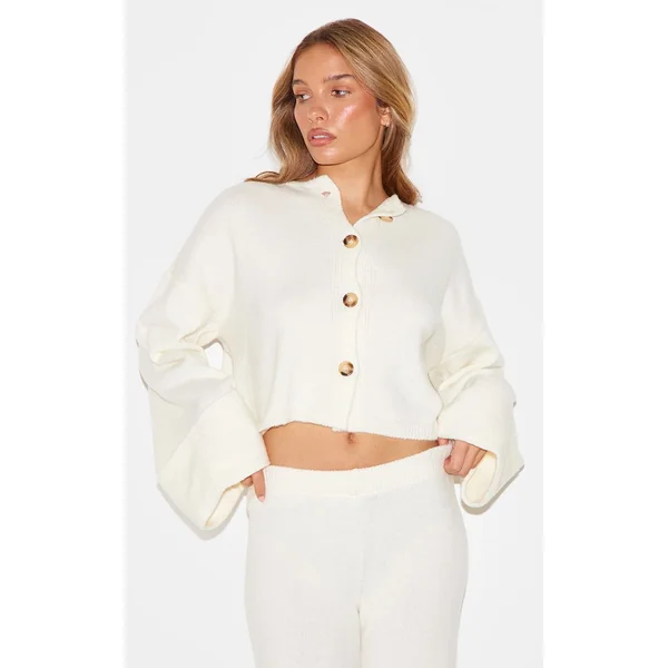 Crème Pantalon En Maille À Ourlet Retroussé