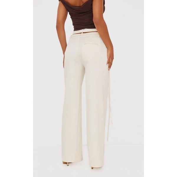 Crème Pantalon Tailleur Premium Avec Détail De Ceinture Croisée
