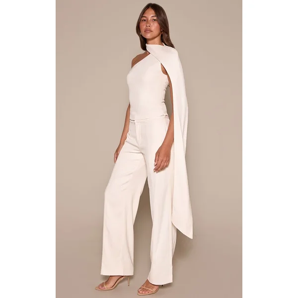 Crème Pantalon Tailleur Tissé Avec Détails De Coutures