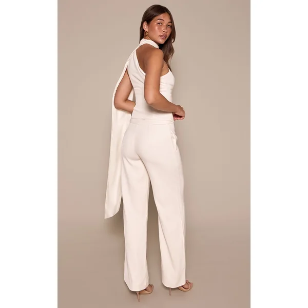 Crème Pantalon Tailleur Tissé Avec Détails De Coutures