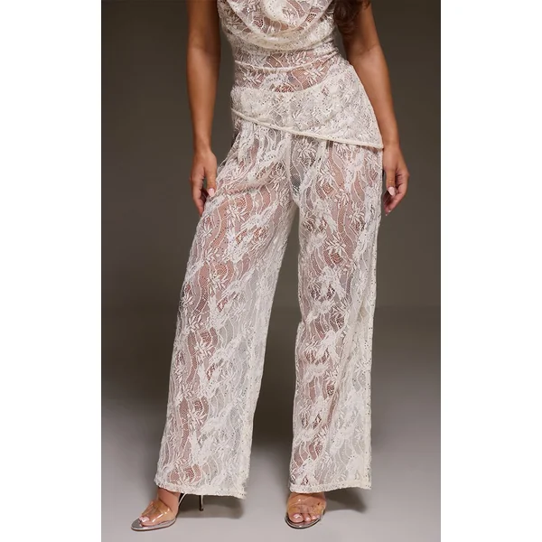 Crème Pantalon Transparent En Dentelle À Sequins