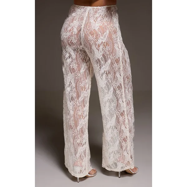 Crème Pantalon Transparent En Dentelle À Sequins