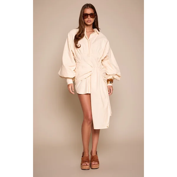 Crème Robe Chemise Aspect Lin Avec Ceinture À Nouer À La Taille