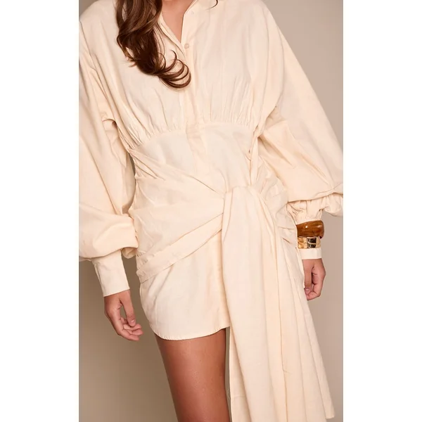 Crème Robe Chemise Aspect Lin Avec Ceinture À Nouer À La Taille