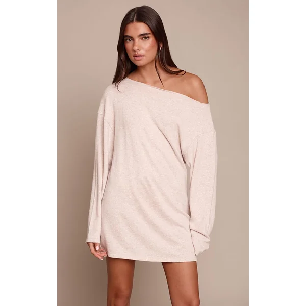 Crème Robe Courte En Jersey À Une Épaule Et Manches Longues