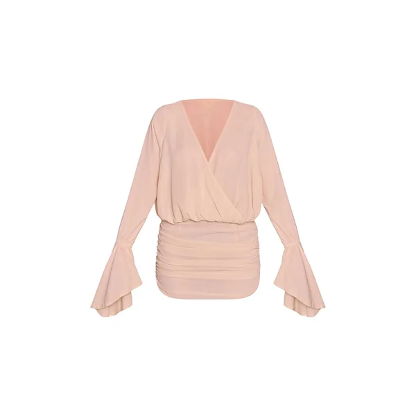 Crème Robe Courte En Mousseline À Col V Froncée