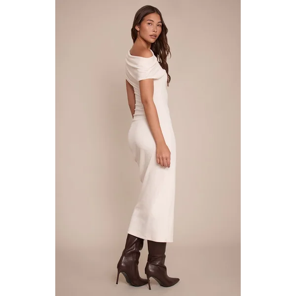 Crème Robe Longue Côtelée Brossée À Détails Froncés Asymétriques