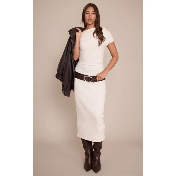 Crème Robe Longue Côtelée Brossée À Détails Froncés Asymétriques