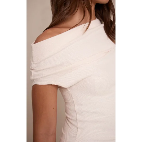 Crème Robe Longue Côtelée Brossée À Détails Froncés Asymétriques