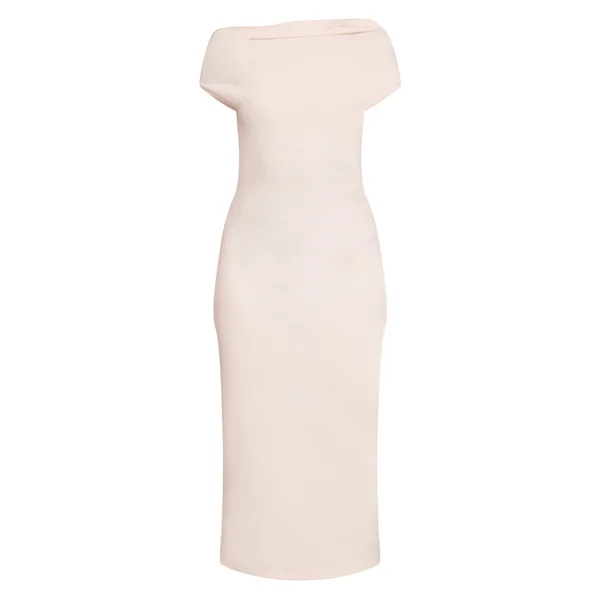Crème Robe Longue Côtelée Brossée À Détails Froncés Asymétriques