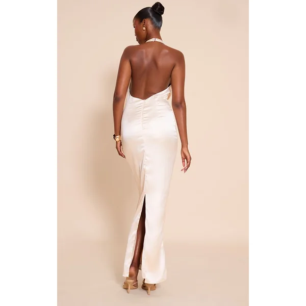 Crème Robe Longue En Satin Avec Détail Nœud