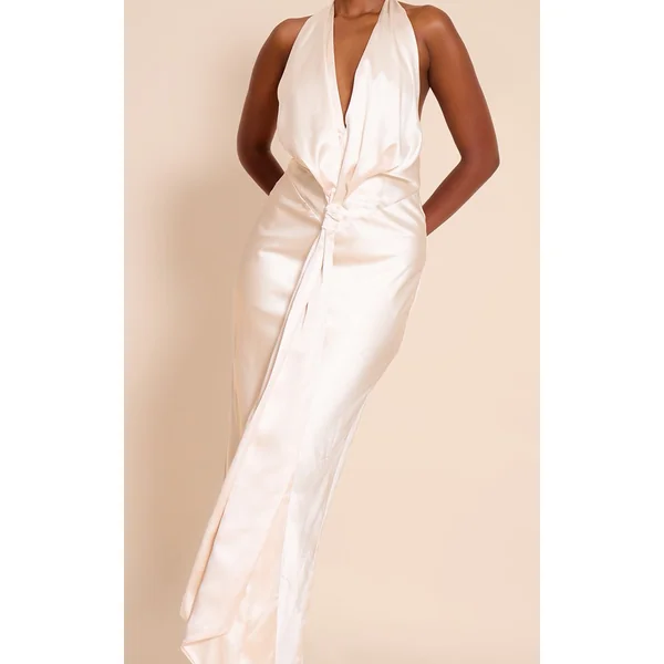Crème Robe Longue En Satin Avec Détail Nœud