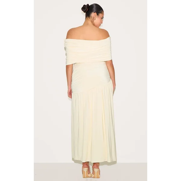 Crème Robe Longue Grande Taille À Double Couche Slinky Bardot Froncée
