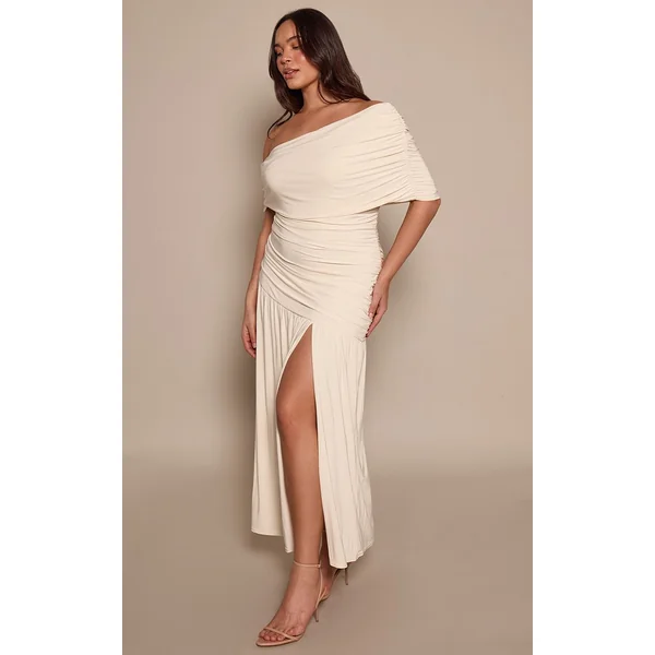 Crème Robe Longue Grande Taille À Double Couche Slinky Bardot Froncée