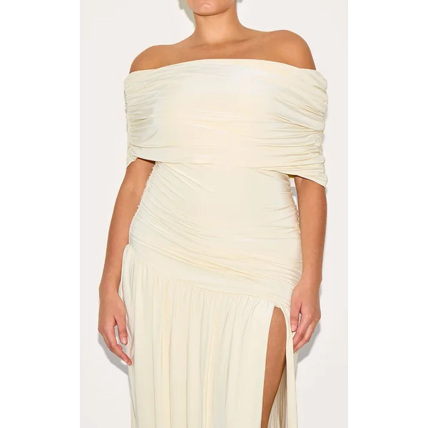 Crème Robe Longue Grande Taille À Double Couche Slinky Bardot Froncée