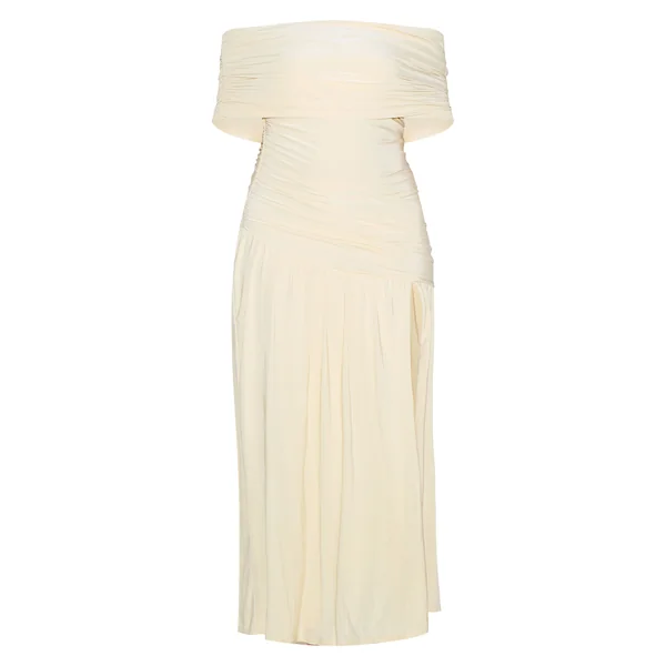 Crème Robe Longue Grande Taille À Double Couche Slinky Bardot Froncée