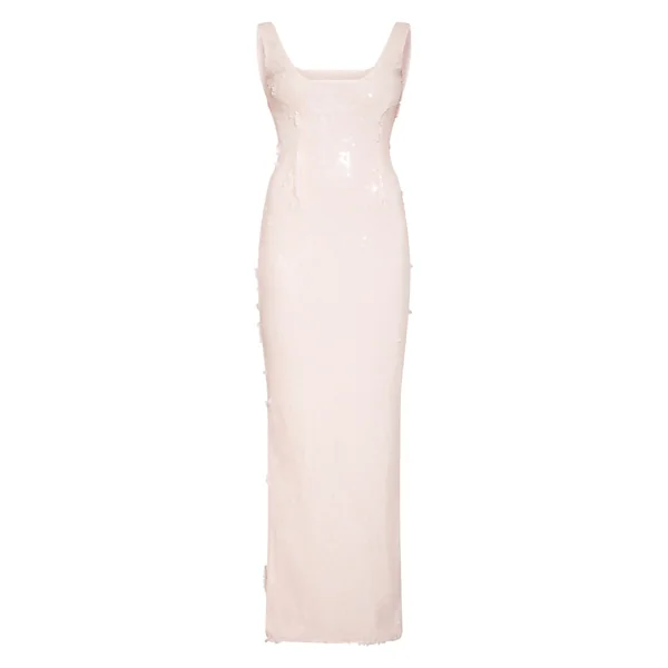 Crème Robe Longue Moulante À Encolure Arrondie Et Sequins Sans Manches