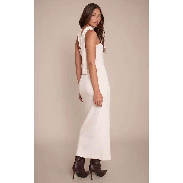 Crème Robe Maxi Bandeau Côtelée Brossée Avec Détail Foulard