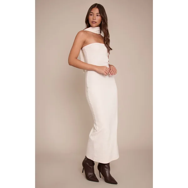 Crème Robe Maxi Bandeau Côtelée Brossée Avec Détail Foulard