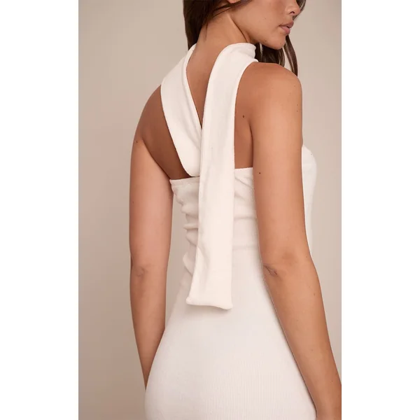 Crème Robe Maxi Bandeau Côtelée Brossée Avec Détail Foulard