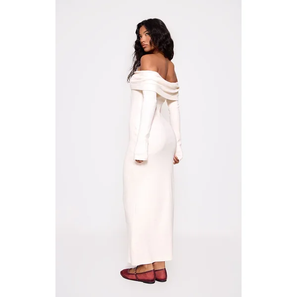 Crème Robe Maxi Côtelée Brossée Épaisse Avec Encolure Bardot