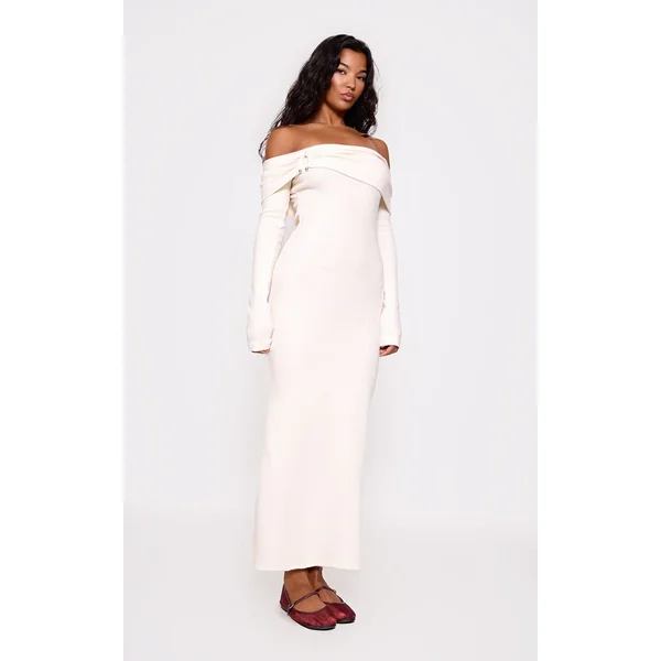 Crème Robe Maxi Côtelée Brossée Épaisse Avec Encolure Bardot