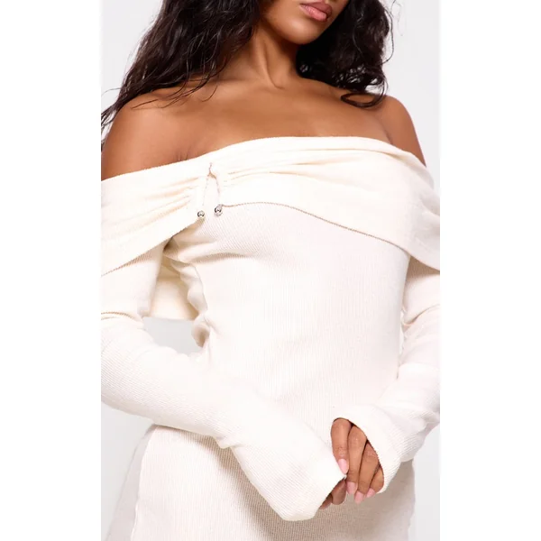 Crème Robe Maxi Côtelée Brossée Épaisse Avec Encolure Bardot