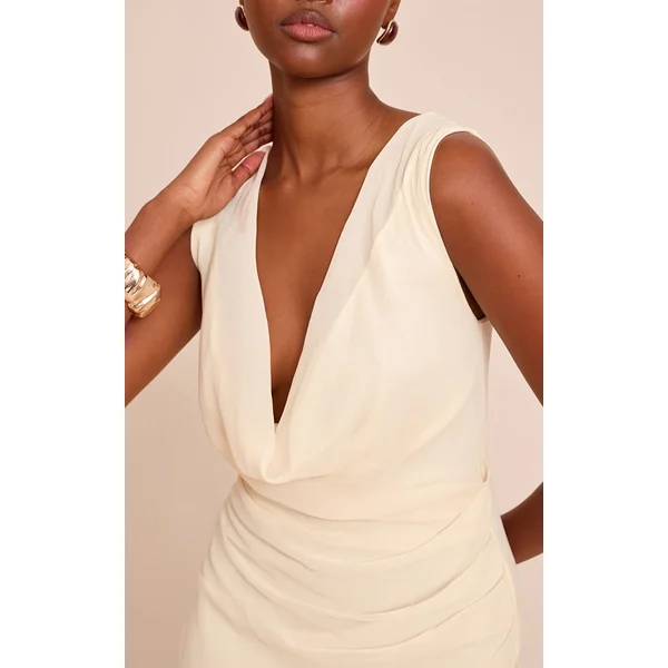 Crème Robe Midi En Mousseline À Col Bénitier Et Fronces
