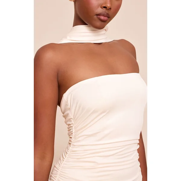 Crème Robe Mini Bandeau Froncée À Double Couche Toucher Doux Avec Détail Foulard