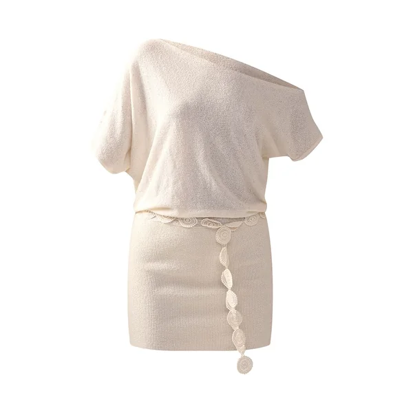 Crème Robe Mini Décontractée En Maille Éponge Avec Ceinture