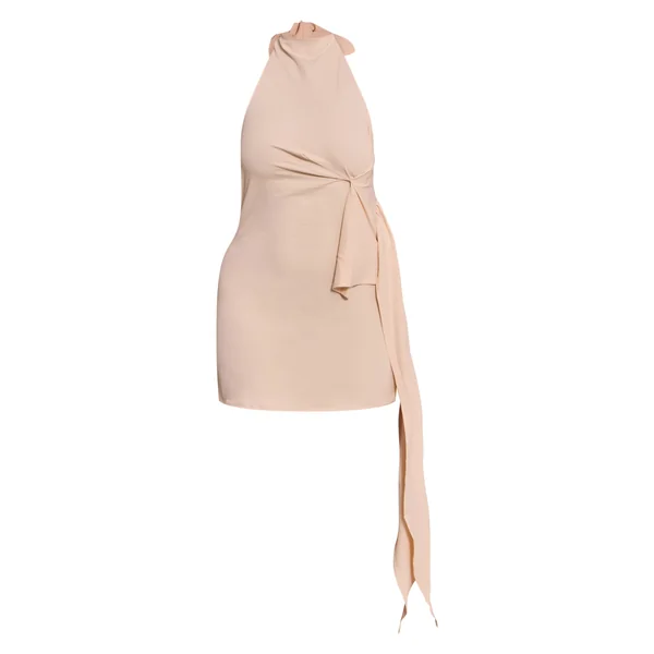Crème Robe Mini Moulante En Satin Martelé À Col Montant Avec Drapé Latéral