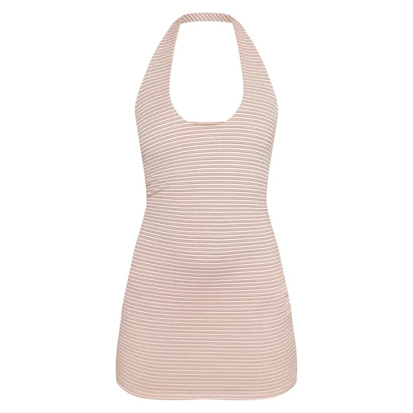Crème Robe Moulante À Rayures Avec Encolure Américaine