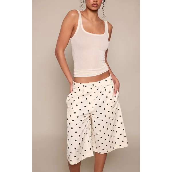 Crème Short Bermuda Tailleur En Lin À Pois