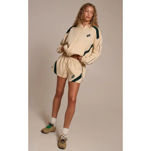 Crème Short De Sport Brodé Graphique À Empiècements Contrastés