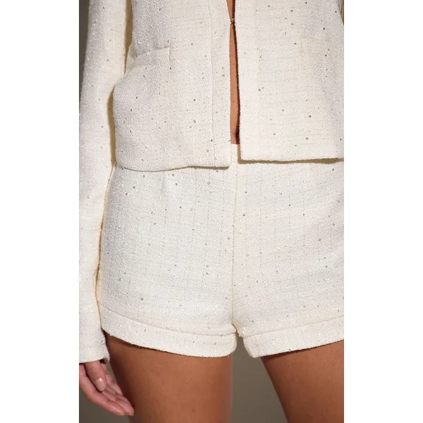 Crème Short Taille Haute Bouclé À Sequins