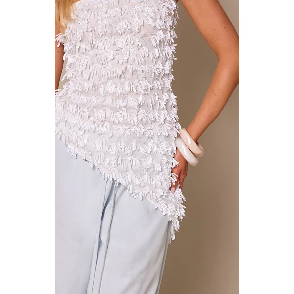 Crème Top Bandeau Asymétrique À Sequins Et Franges