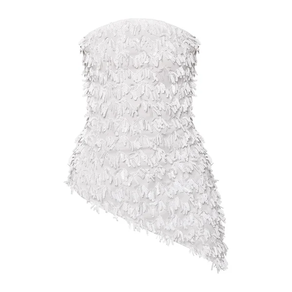 Crème Top Bandeau Asymétrique À Sequins Et Franges