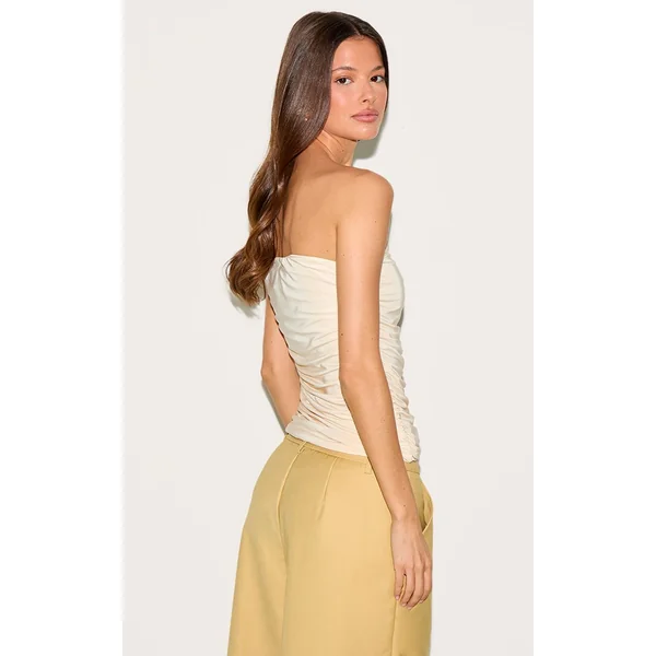 Crème Top Bandeau Long Froncé En Tissu Slinky Double Épaisseur