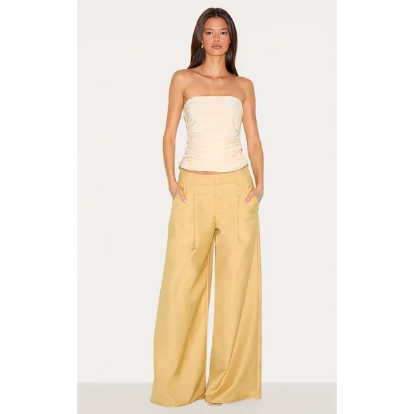 Crème Top Bandeau Long Froncé En Tissu Slinky Double Épaisseur