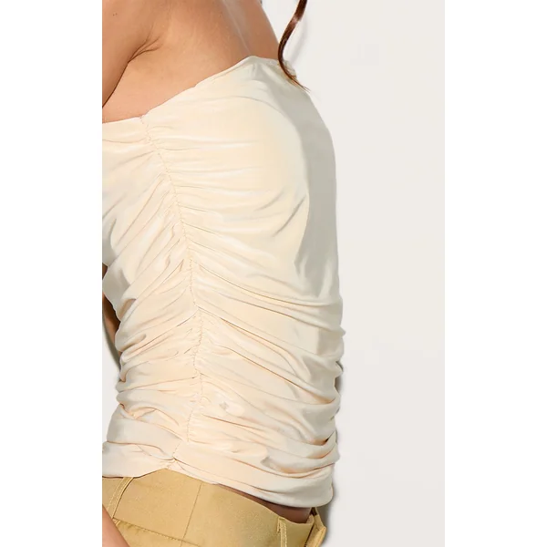 Crème Top Bandeau Long Froncé En Tissu Slinky Double Épaisseur