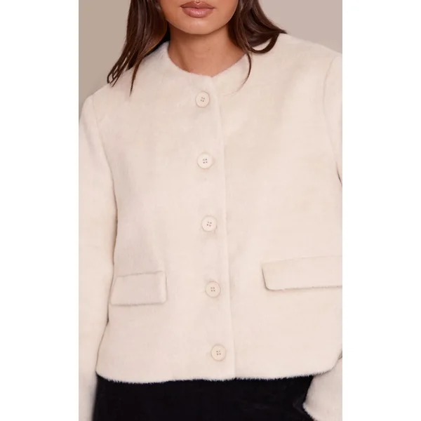 Crème Veste Cintrée En Laine Brossée À Simple Boutonnage