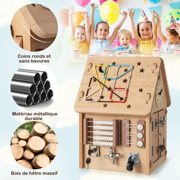 Cube d'Activité en Bois avec Espace de Rangement Intérieur Maison de Jouet Educative avec Coins Ronds pour Enfants de 3 Ans+