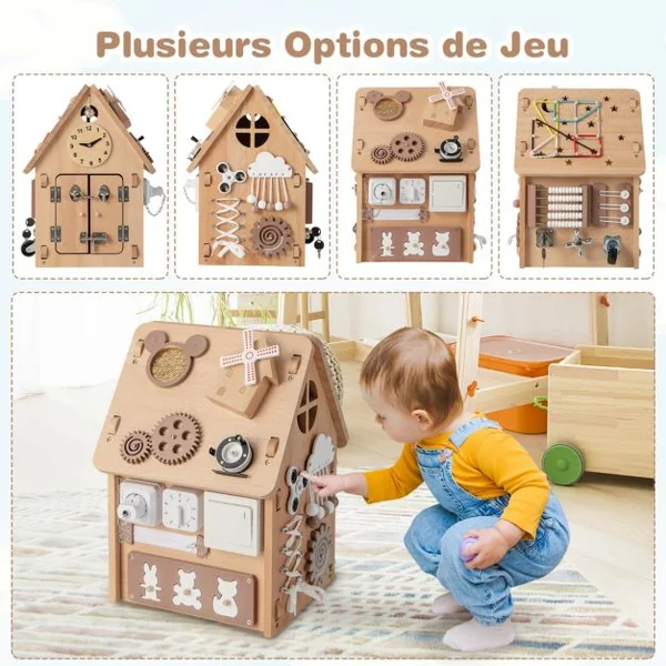 Cube d'Activité en Bois avec Espace de Rangement Intérieur Maison de Jouet Educative avec Coins Ronds pour Enfants de 3 Ans+