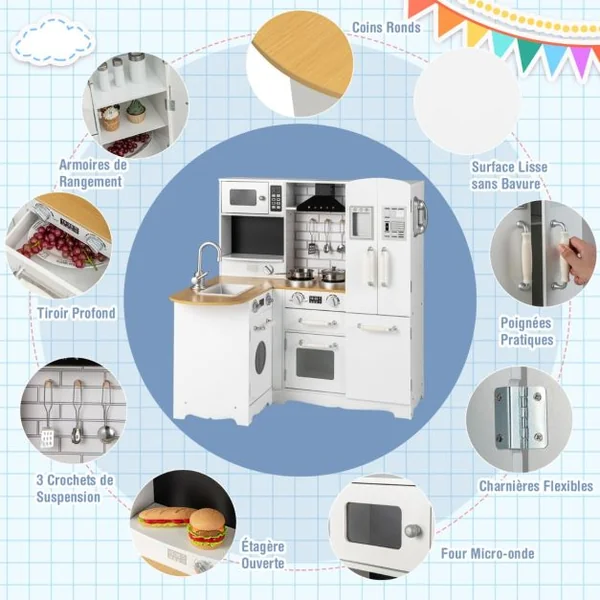 Cuisine d’Angle Enfants avec Ustensiles de Cuisine Téléphone Simulé Machine à Laver Réfrigérateur