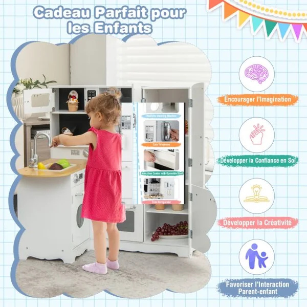 Cuisine d’Angle Enfants avec Ustensiles de Cuisine Téléphone Simulé Machine à Laver Réfrigérateur
