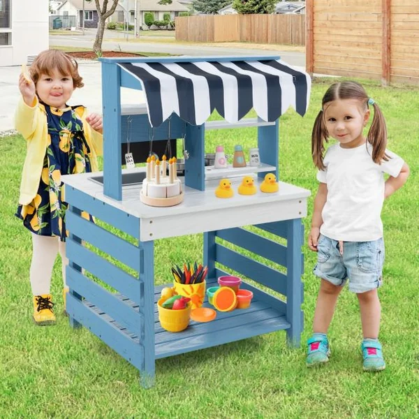 Cuisine de Jeu 2 en 1 en Bois avec Cuisinières Evier Réservoir à Eau Robinet et Ustensiles de Cuisine Jeu de Cuisine avec Toit pour 3+ Ans