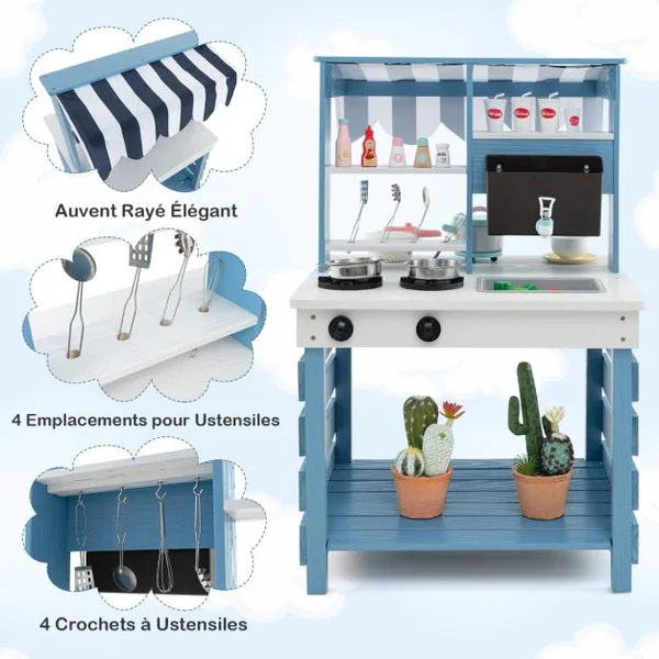 Cuisine de Jeu 2 en 1 en Bois avec Cuisinières Evier Réservoir à Eau Robinet et Ustensiles de Cuisine Jeu de Cuisine avec Toit pour 3+ Ans