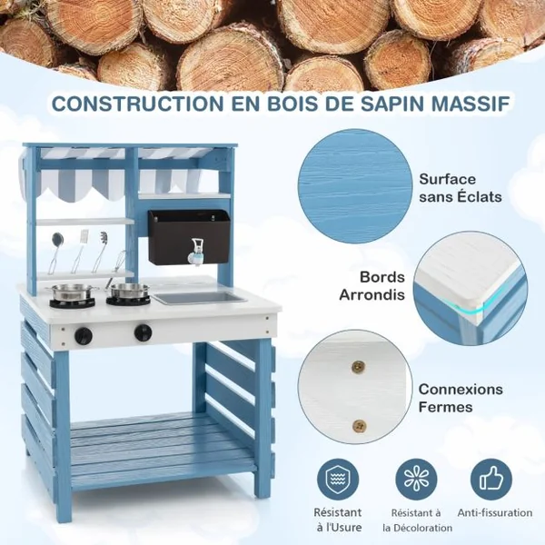 Cuisine de Jeu 2 en 1 en Bois avec Cuisinières Evier Réservoir à Eau Robinet et Ustensiles de Cuisine Jeu de Cuisine avec Toit pour 3+ Ans