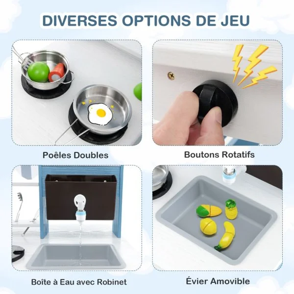 Cuisine de Jeu 2 en 1 en Bois avec Cuisinières Evier Réservoir à Eau Robinet et Ustensiles de Cuisine Jeu de Cuisine avec Toit pour 3+ Ans